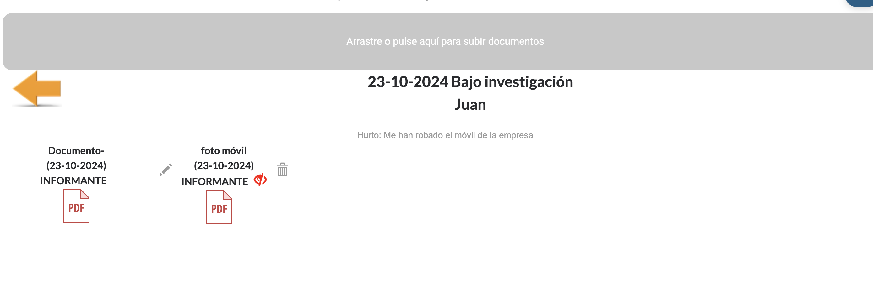 Visualización de los documentos añadidos por parte del informante y del administrador del caso.