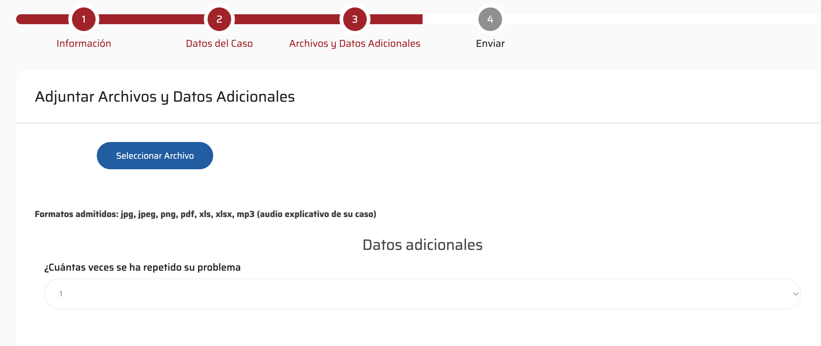 El usuario puede añdir documentos a su informe y completar los datos adicionales del cuestionario configurado.