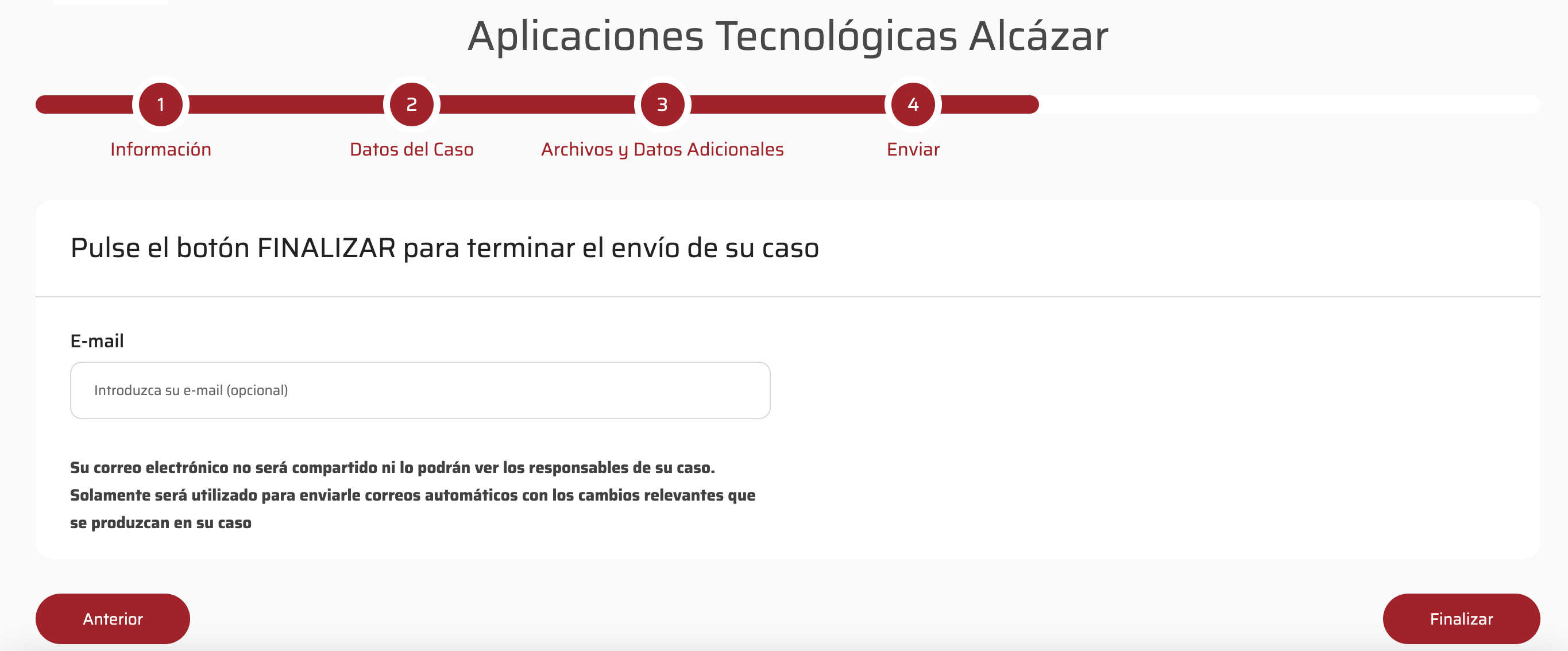 Si el informante reporta de forma anónima se le pide un correo (opcional) para informarle de actualizaciones.