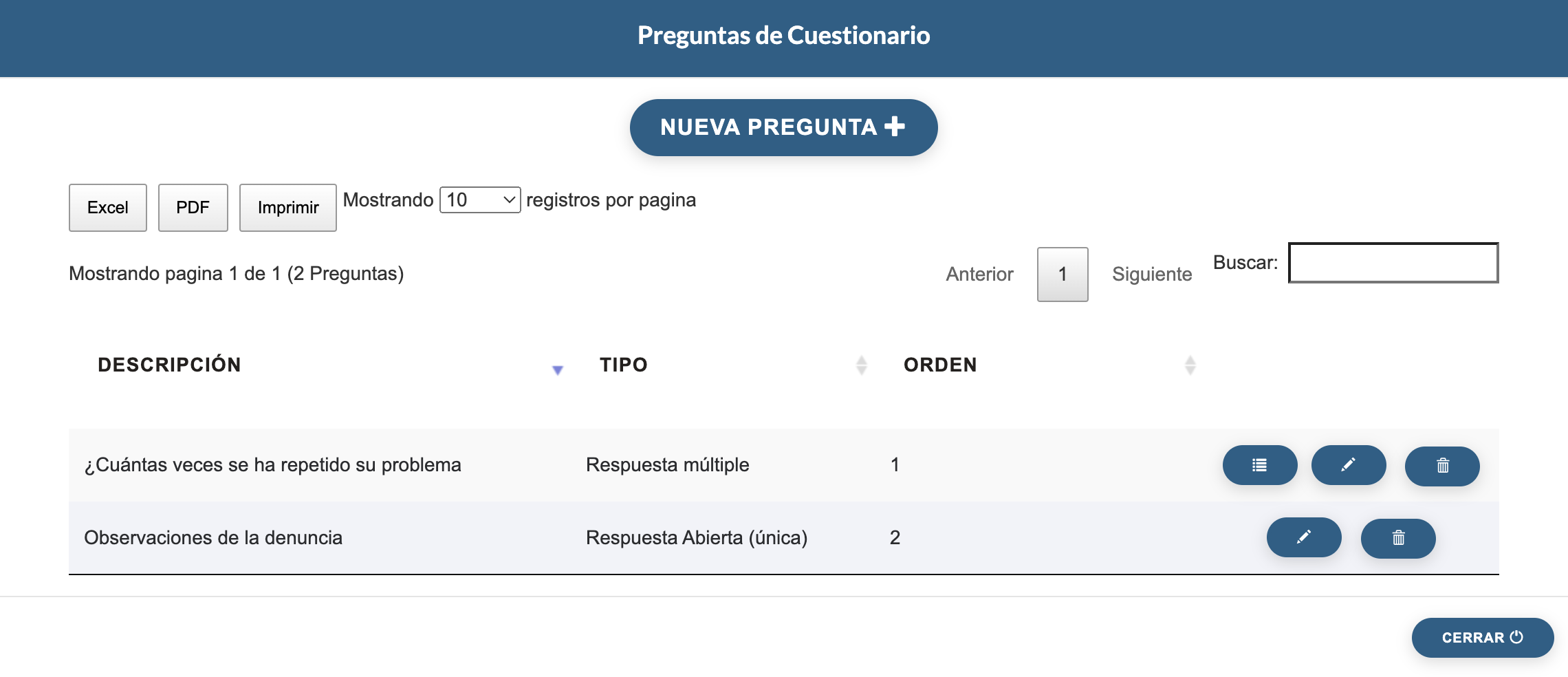 Creación de cuestionarios con preguntas y respuestas para realizar al informante de un caso.